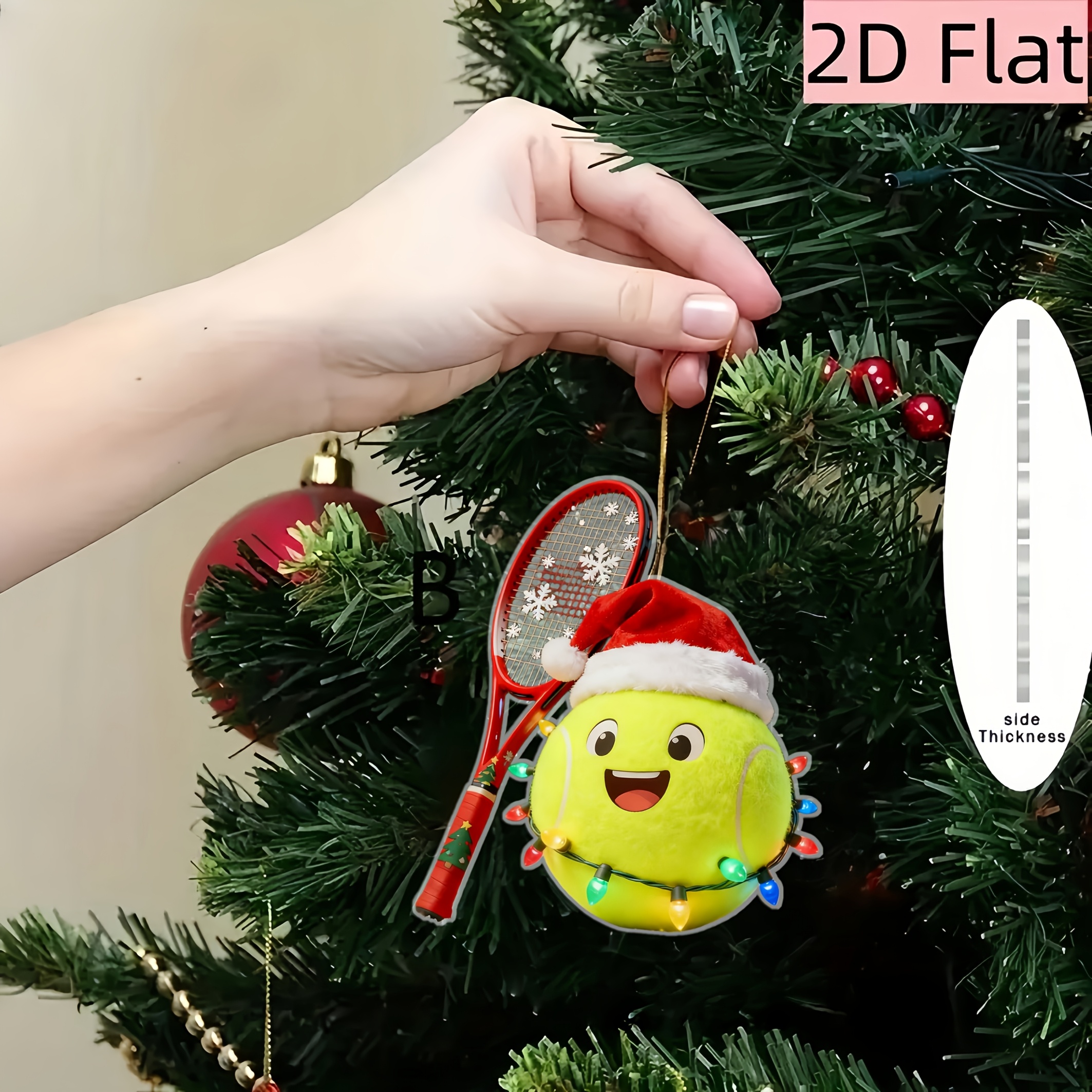 TEMU 2d Flat, 1pc Retro Tennis-themed Christmas Ornament - Acrylic Tennis Racket & Ball Suitable For Decor, Car Mirror Hanger, Keychain Accessory -