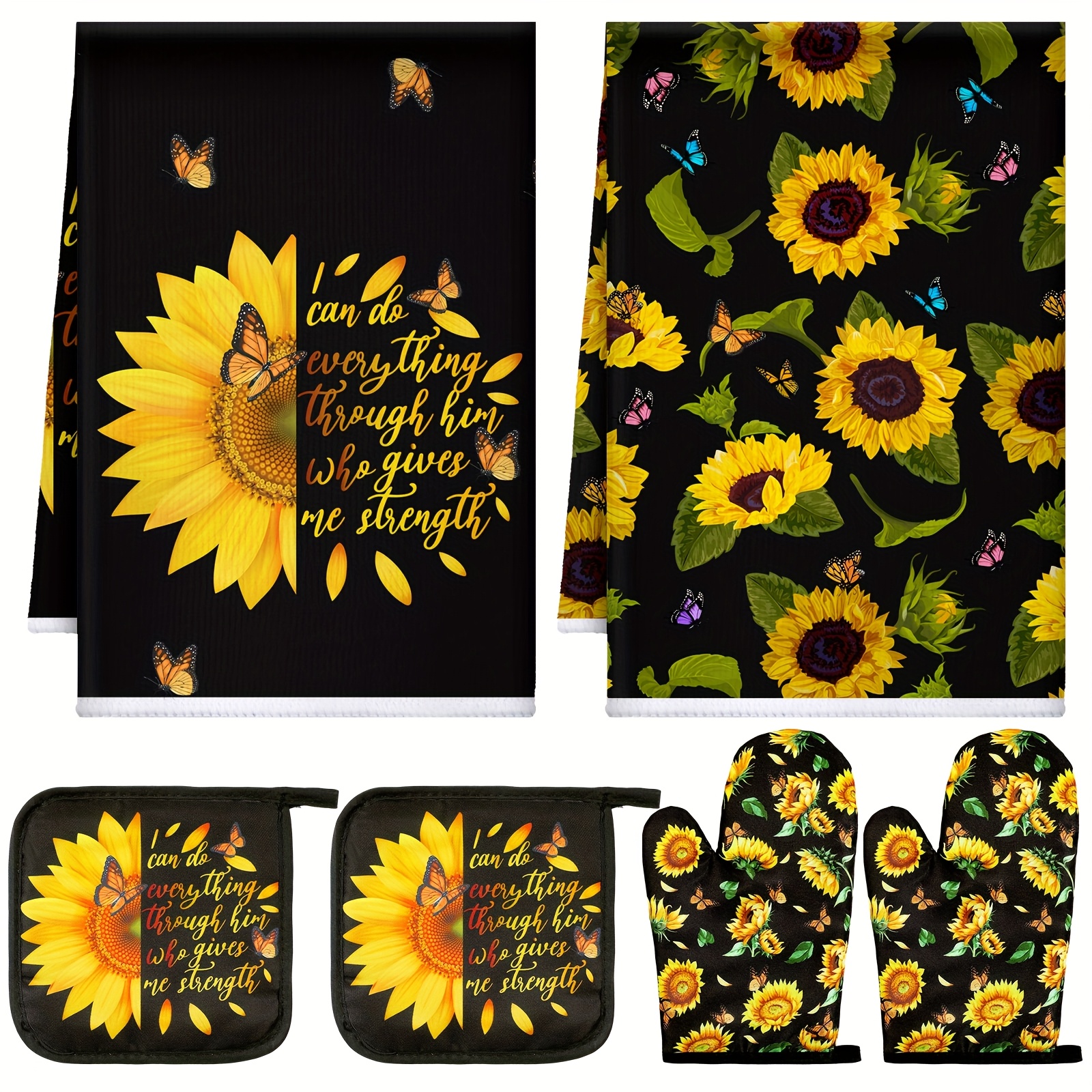 TEMU 6pcs Kitchen Decor Pot Holders Oven Mitts 2 Dish Towels 2 Farmhouse Cooking Mittens Oven Glove 2 Potholder For Baking Cooking Grilling Supply