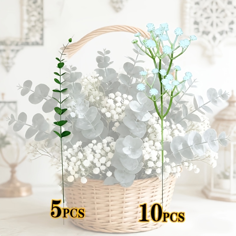TEMU 15pcs Bright Artificial Gypsophila + Eucalyptus Leaf Mixed Bouquet, Suitable For Home Decor, Wedding Decor, Birthdays, Anniversaries, , Mother's