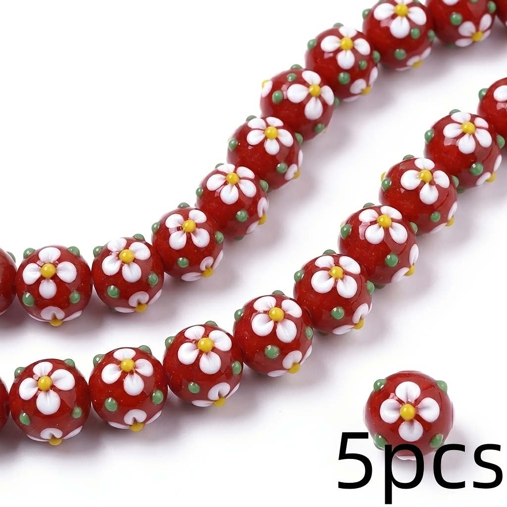 TEMU 5pcs Perles rondes en verre faites à brillant, perles décoratives à motif à pétales peintes à et mouchetées vertes, adaptées aux bracelets rétro