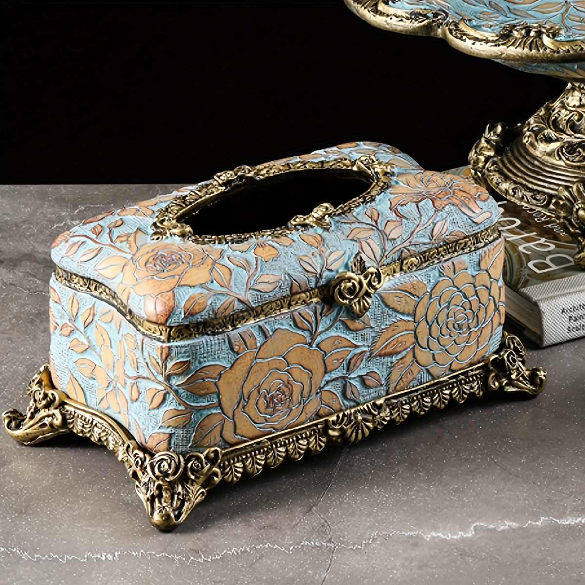 elegant floral resin tissue box holder square design with golden accents   bathroom desktop decor ideal christmas or halloween gift bathroom decor and accessories Product details 1