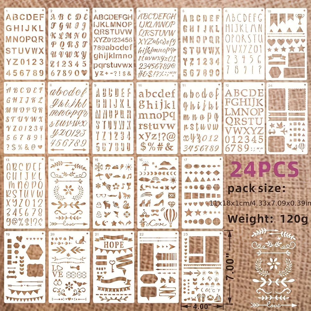 E-shop Ein Set aus ,09 x 4,33-Zoll-Kunststoffschablonen, Bastelwerkzeuge, -Vorlagen, Rahmendesign mit englischen Buchstaben, Zahlen, Symbolen, Herzen,