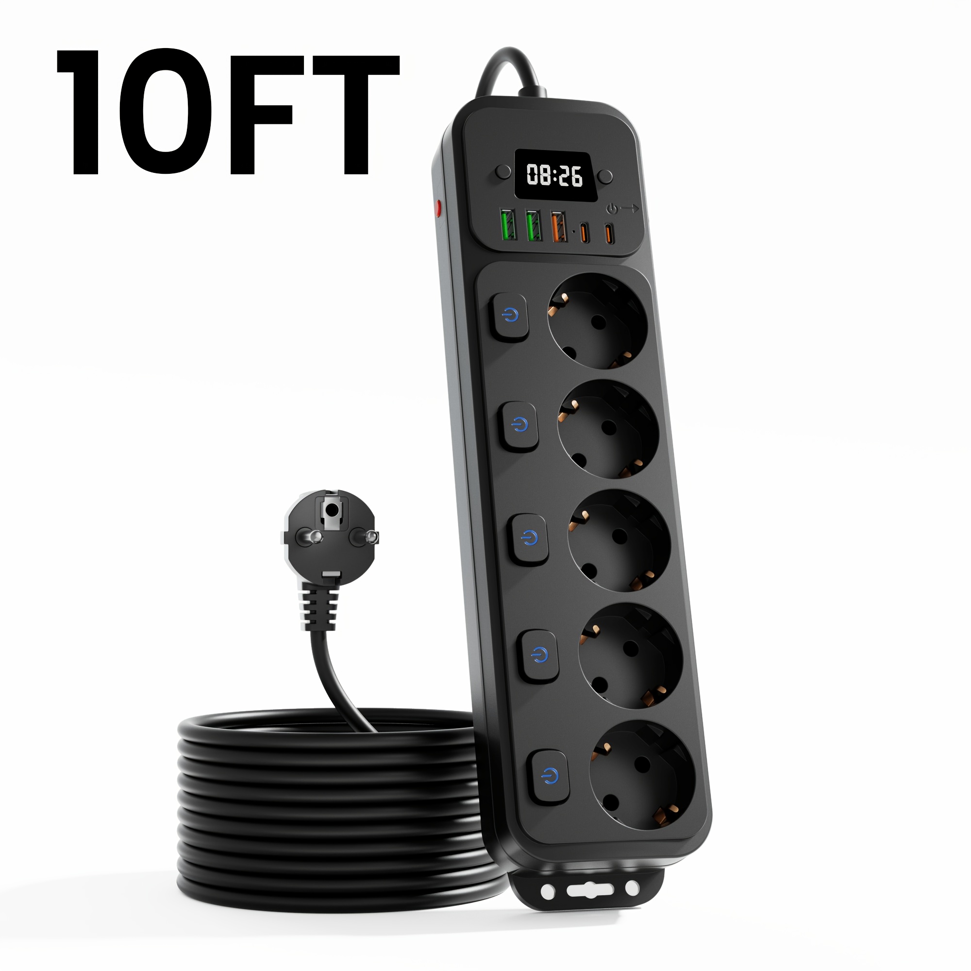 Image of Eu Power Strip With Extension Cord 5 Ac Outlets 3 Usb 2 Type C Ports Clock Display Compact Portable 5ft 10ft Cable Options