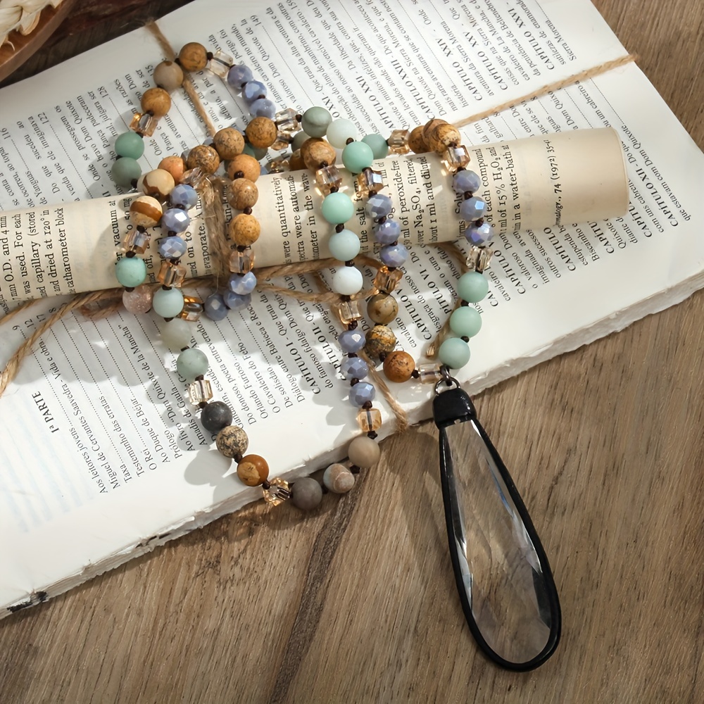 

Trendy Bohemian Style Natural Stone Glass Knot Necklace Glass Long Waterdrop Pendant Sweater Chain Necklace For Women