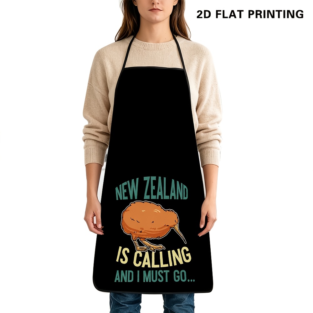 TEMU New Zealand Kiwi Bird Apron - Adjustable Ties Suitable For Cooking & Kitchen Use, Black With Kiwi Bird & "new Zealand Is Calling" Print, Apron