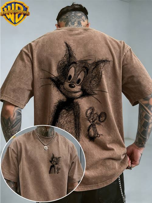 by this mens short sleeved t shirt features a cartoon sketch print pattern washed and distressed design suitable for outdoor sports and daily commuting and is machine washable