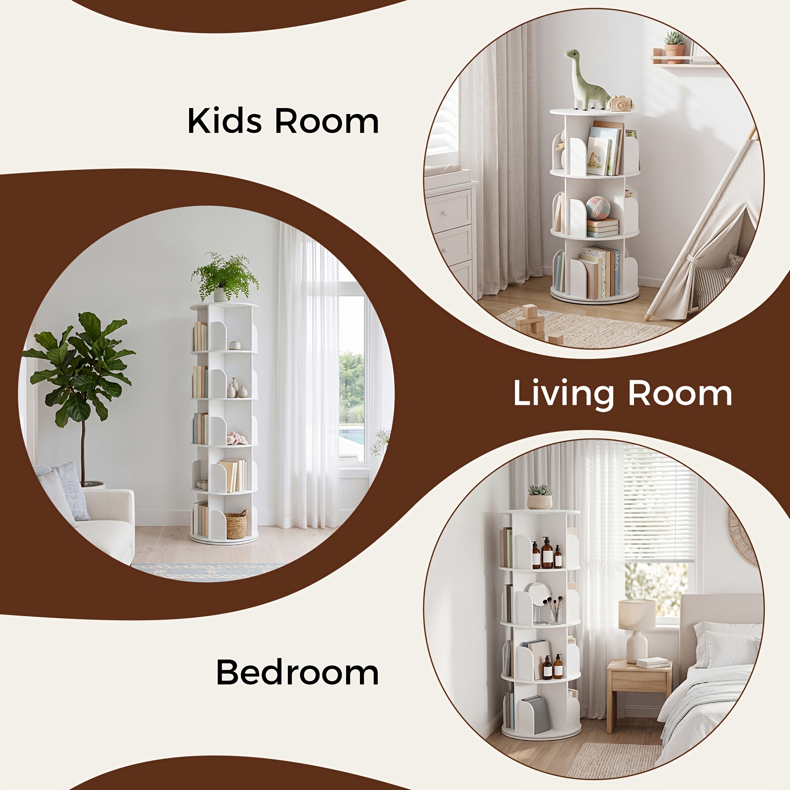 3/4/5 Tier Rotating Bookshelf, 360° Spinning Bookcase for Small Spaces, Vertical Corner Storage Organizer Display Rack for Bedroom Living Room, White