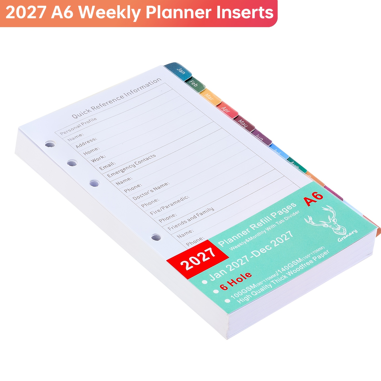 TEMU 2027 Planner Refill Pages, A5/a6 Sizes, 6-hole Punch, 12 Monthly Divider Tabs, Thick Paper, Calendar Inserts With Important Dates, Address,