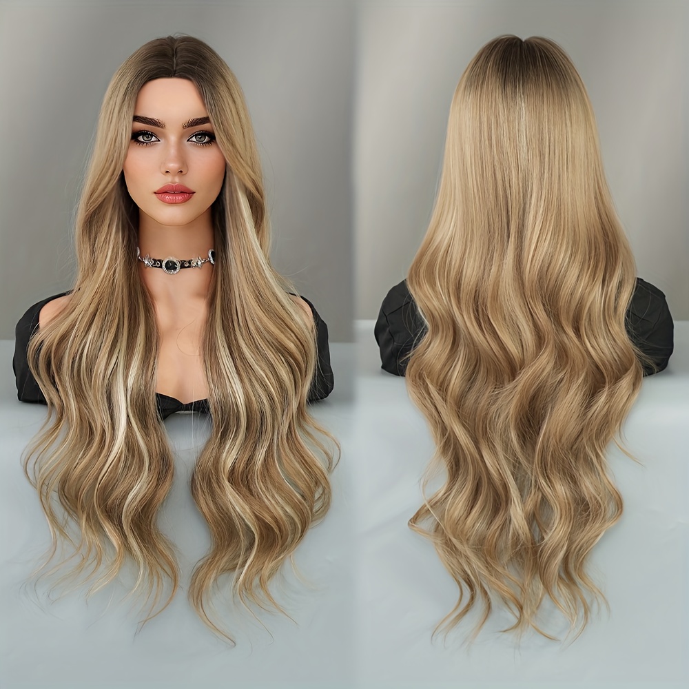 TEMU Long Loose Wave Ombre Wig With Dark Middle Part High Density Highlight Beige Wigs For Women Daily Party Use Synthetic Wig Heat Resistant 32 Inch