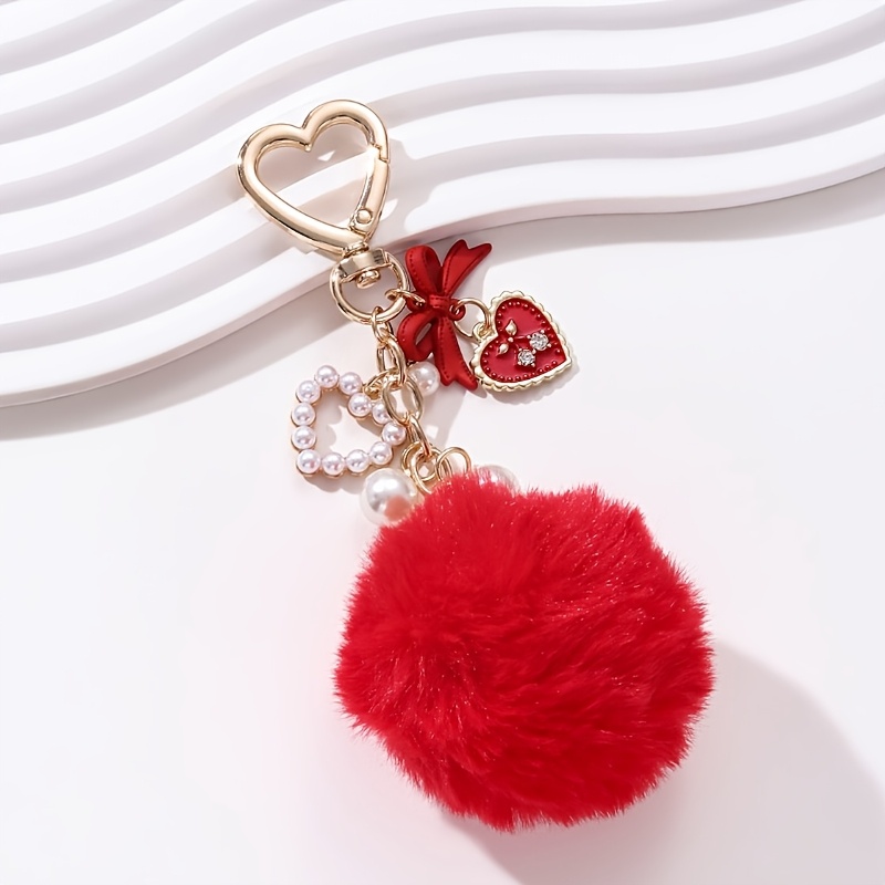 TEMU 1pc Valentine's Day Theme Red Pink Hairball Love Bow Drip Oil Keychain Winter Warm Sweet Romantic Wind Car Bag Pendant Gift For And Relatives