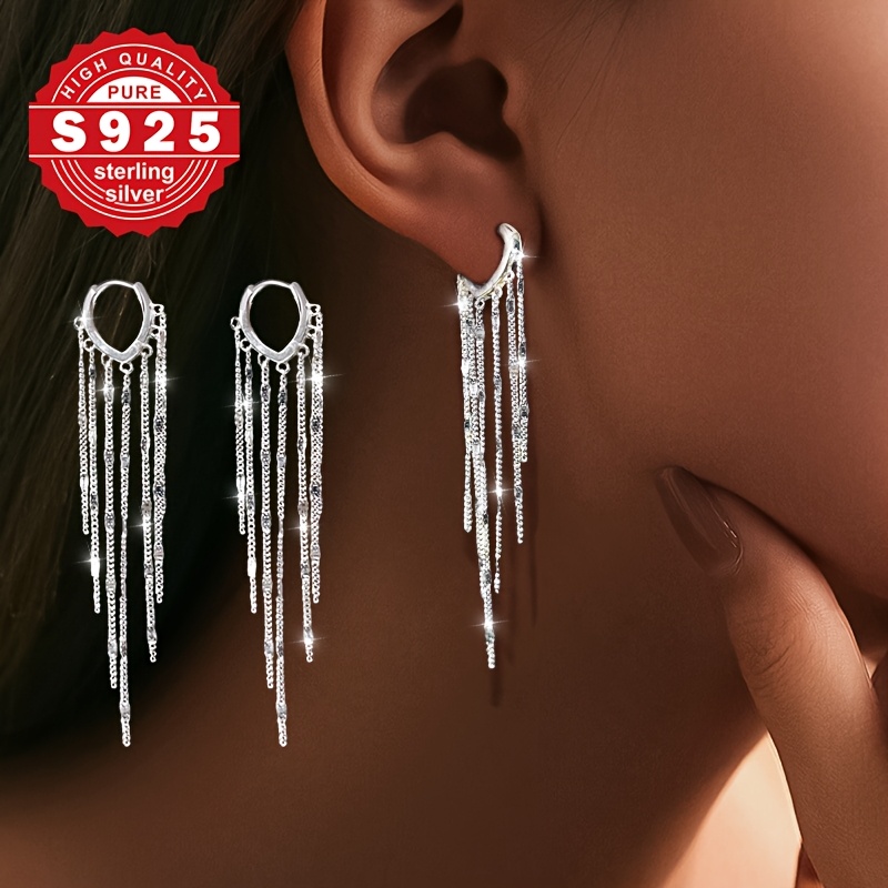 Image of 1 Pair Of S925 Sterling Silvery Women's Earrings, Sequin Tassel Design, Delicate And Luxurious, Ideal For Wearing , Gift For Valentine's Day, Mother's Day, Birthday, Party