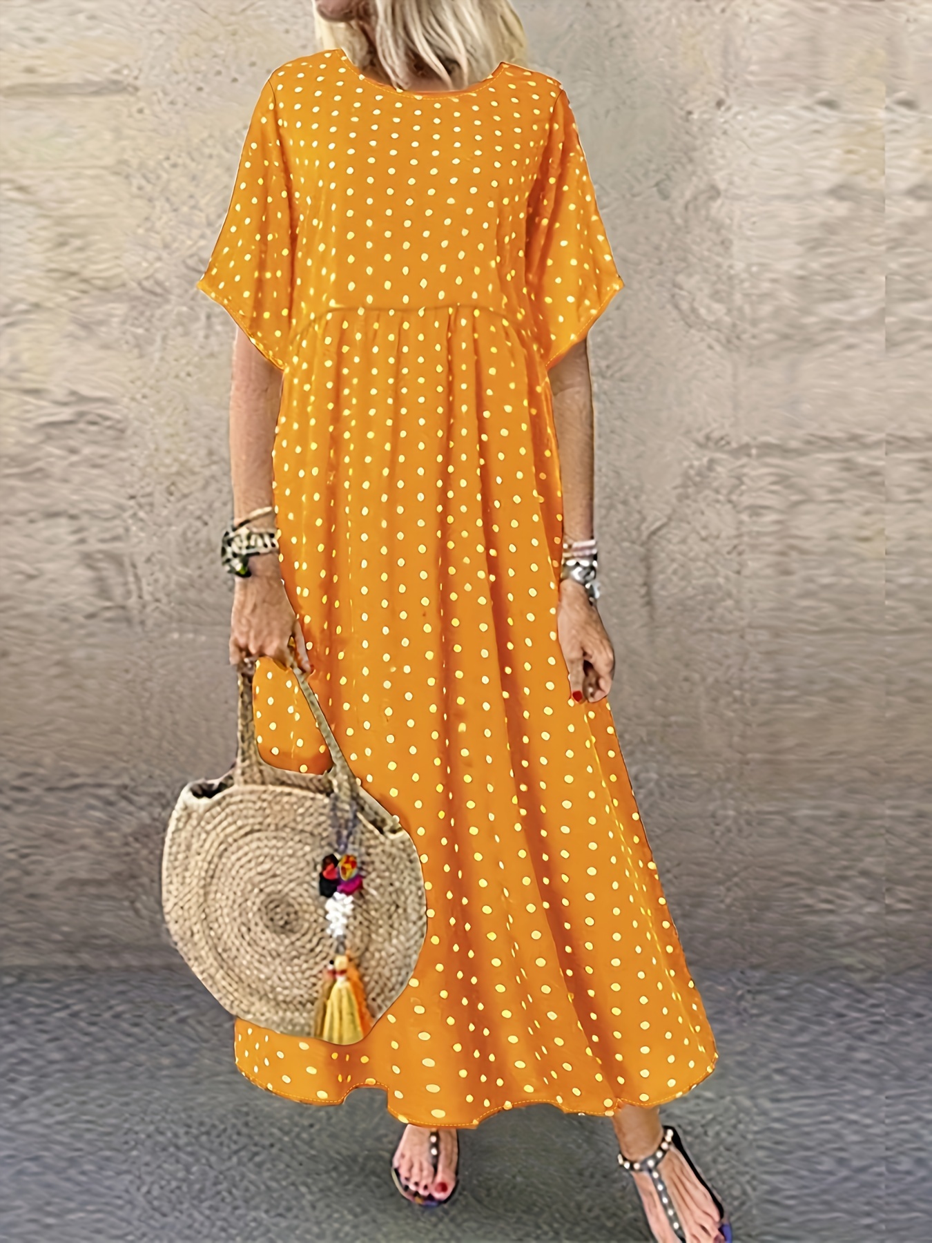 womens summer casual polka dot rayon viscose dress crew neck short sleeve loose fit woven midi dress yellow 0