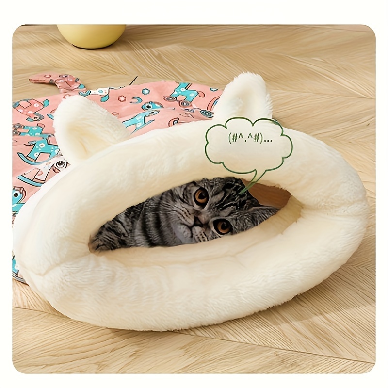 

Cartoon Pattern Linen Cat Bed Mat With Polyester Fiber Filling, Semi-enclosed Warm Sleeping Bag For Cats And Small Dogs, Deep Quilt Bed With Fleece – Rectangle Cat House For