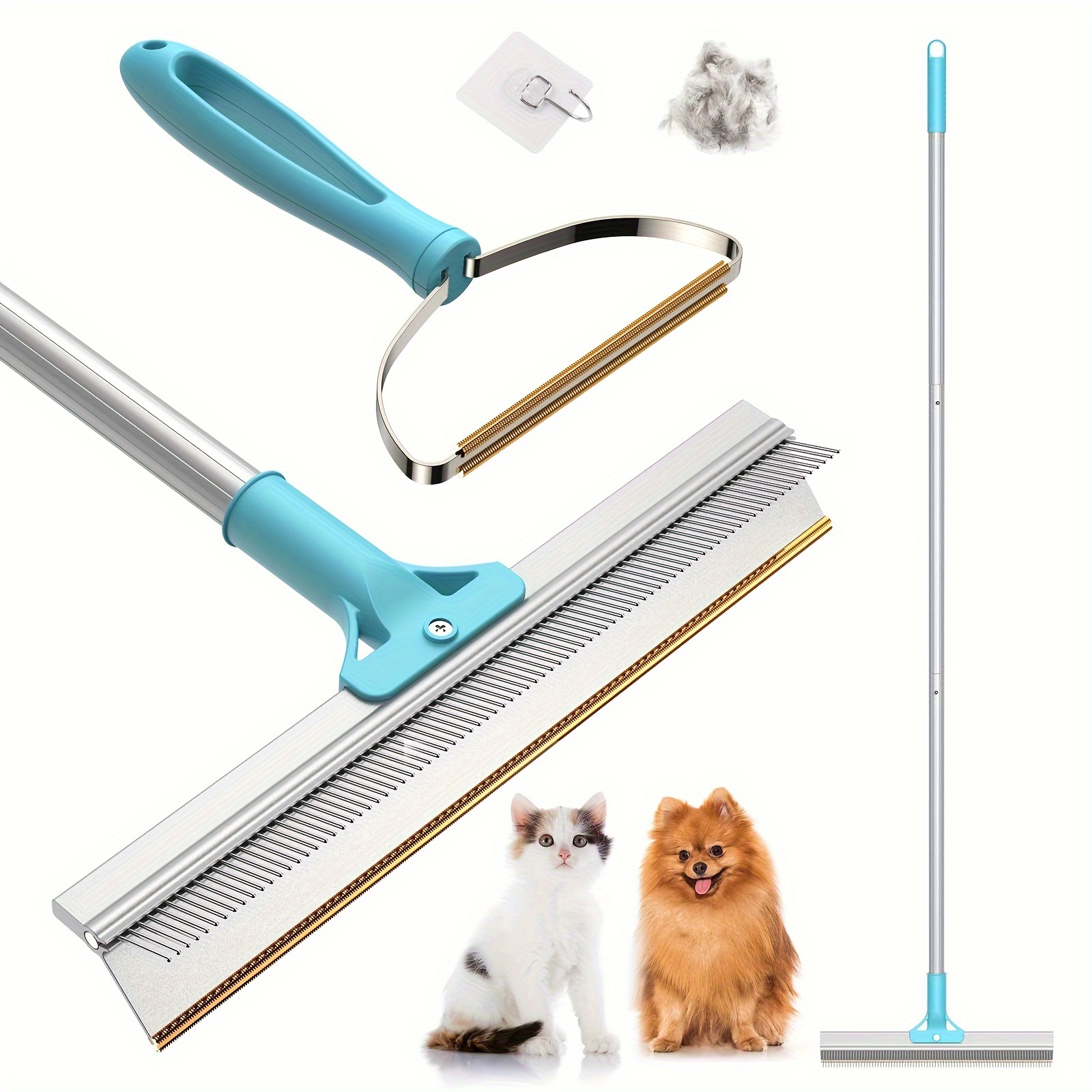 

2 Pack Pet Hair Remover Bundle - Ajustable Longth Large Carpet Rake & Portable Scraper, Reusable Lint Remover Brush For Embedded For Removal From / Low Pile Rugs Stairs Carpet Hair Remover