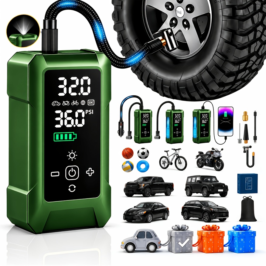 TEMU Portable Tire Inflator With Digital Pressure Gauge, 250psi Rechargeable Battery Wireless Air Pump With Led Light, Tire Pump For Car, Motorcycle,