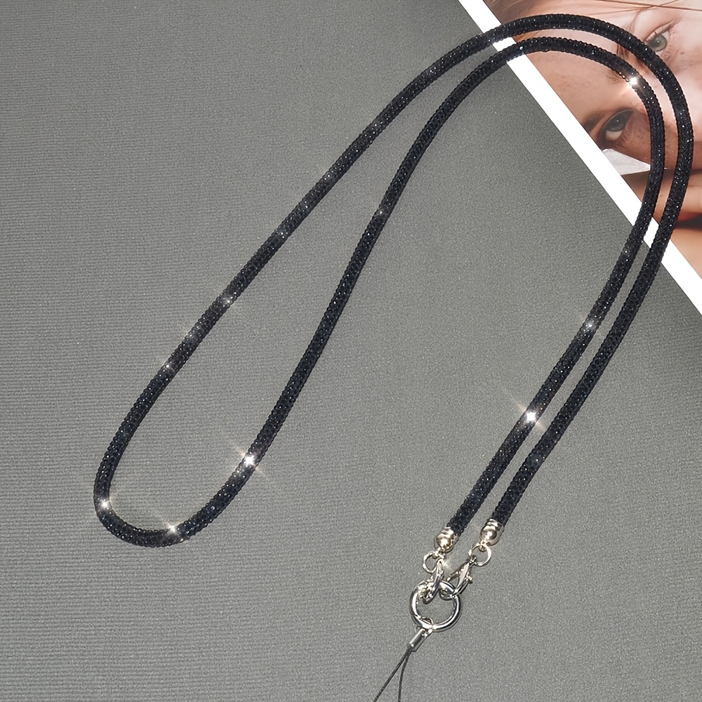 E-shop Luxuriöse High-End Schwarze Strass Handy Crossbody Kette, Modische Handyhülle Lanyard, Glänzende Schultergurt mit Doppel Schnalle für Damen