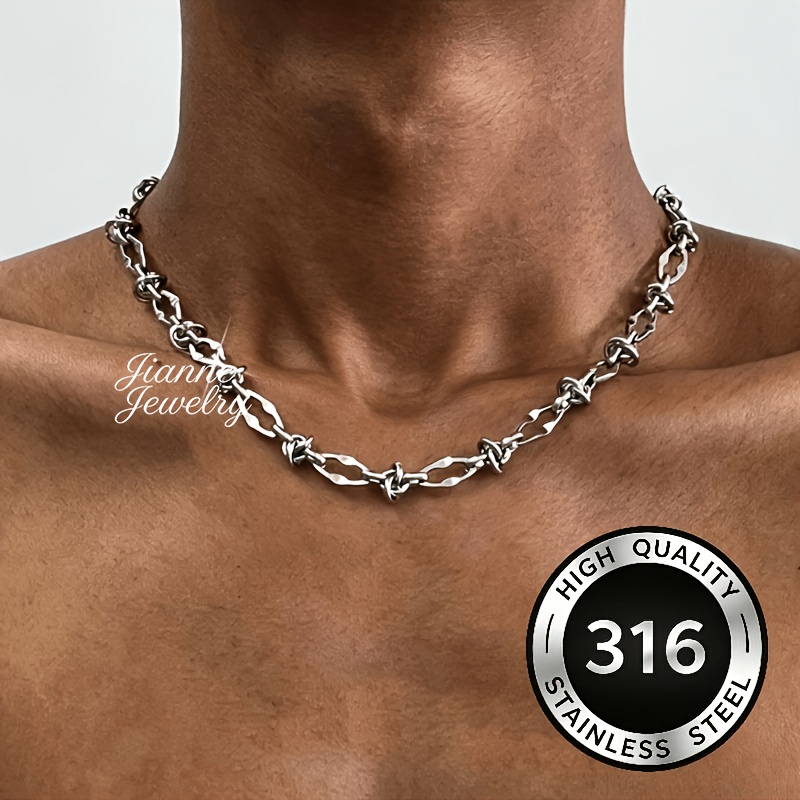 TEMU 1 Hip-Hop-Stil 316L Edelstahl nicht verblassende 8mm Dornenknoten-Halskette, Lippenkette, trendiges Nischen-Accessoire mit High-End-Anmutung,