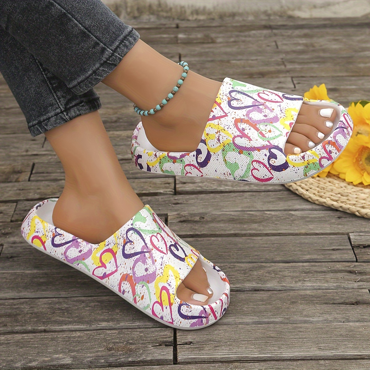 Image of Women's Eva Heart Pattern Slip- Slippers - Thick Sole Non-slip /outdoor Shoes Suitable For, Bathroom, Beach - - Comfortable Cushioned Footwear With Soft (hand Washable), Women Shoes