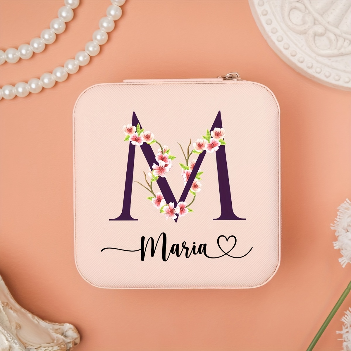 TEMU 1pc Personalized Cherry Letter Design Jewelry Box, Organizer For Rings, Necklaces, And Earrings, Soft Faux Leather With Fluffy Interior, Ideal