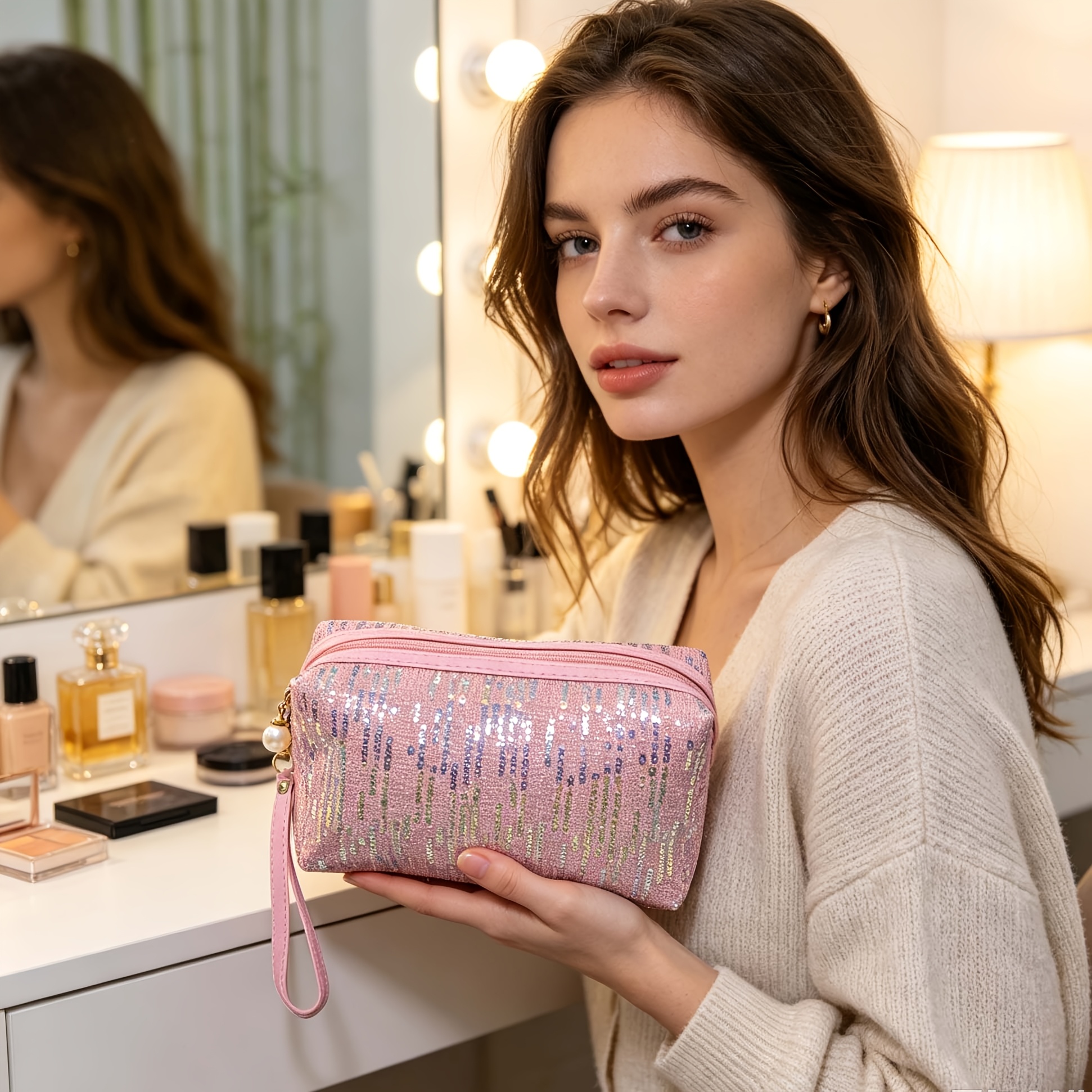 TEMU A Sequin Makeup Bag With A Handle, Pearl Zipper, Portable Universal