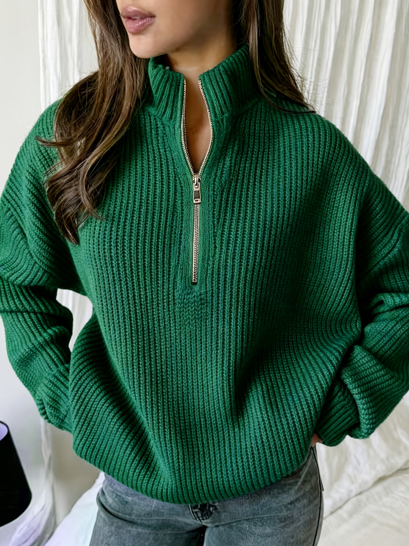 Women's Half-Zip Stand Collar Sweater, Loose Fit