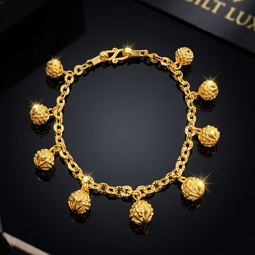 TEMU Bracelet élégant à pampilles avec boules en pour femme, accessoires de bijoux de main en chaîne avec sphères creuses en cuivre plaqué or 24