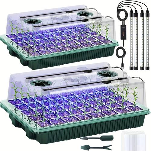 2pcs tall seed starter trays 80 cells 4 led grow lights with 3 indoor greenhouse germination kit for home for germination success