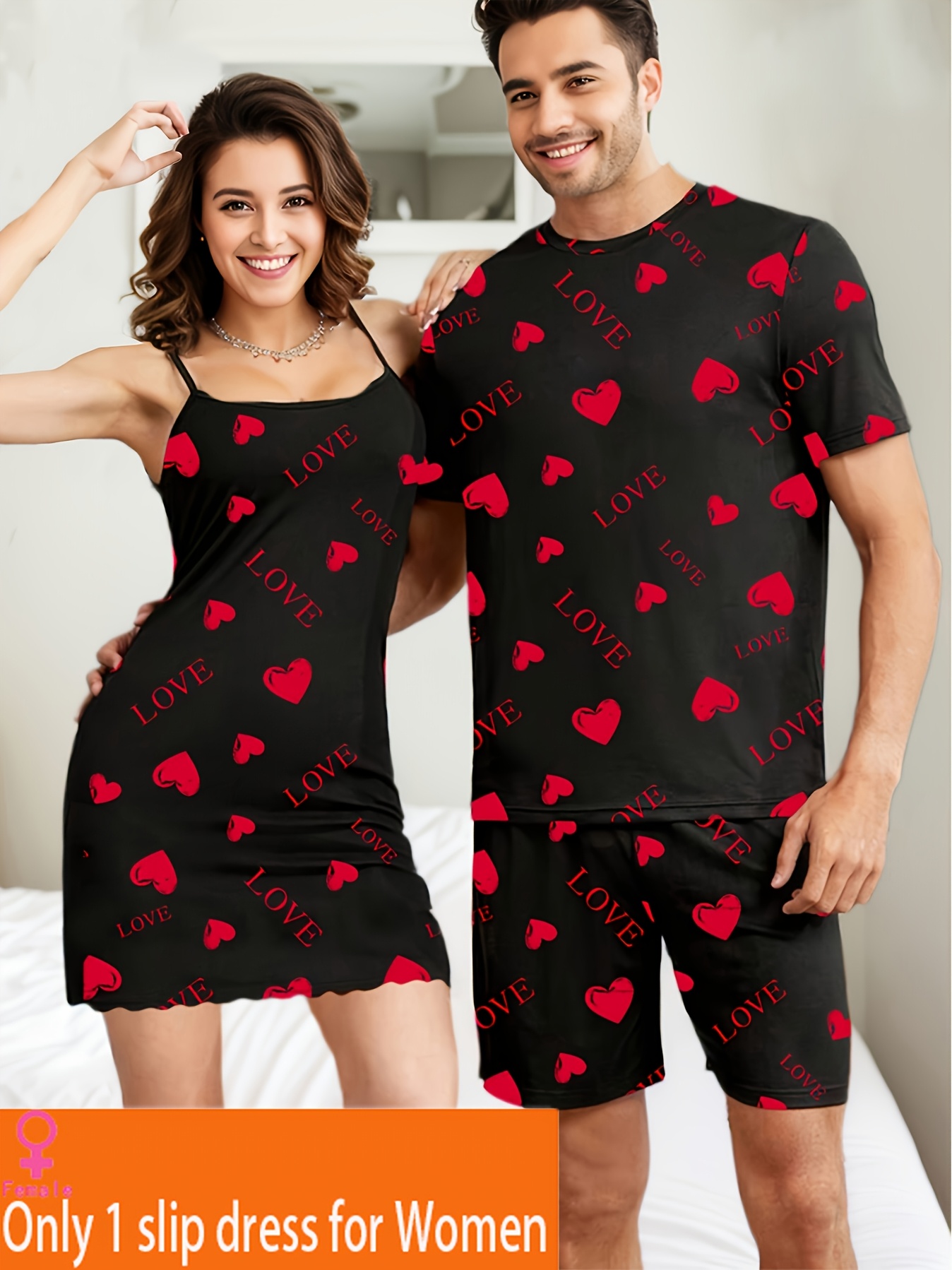 [1 DRESS FOR WOMEN OR 1 TOP+1 BOTTOM FOR MEN] Romantic - Valentine'S Day Couple Style Homewear - Heart Letter Print - Men'S Short Sleeve Shorts Or Women'S Dress