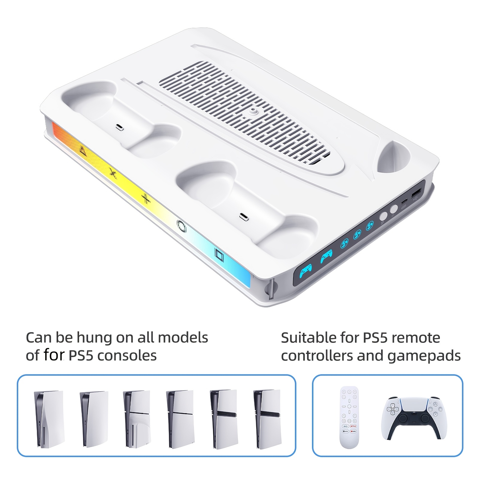 Hladilna postaja za PS5/ Slim/Pro s hitrim polnilcem za kontrolerje za Playstation 5 Disc & Digital konzolo, RGB osvetlitev, tih ventilator za