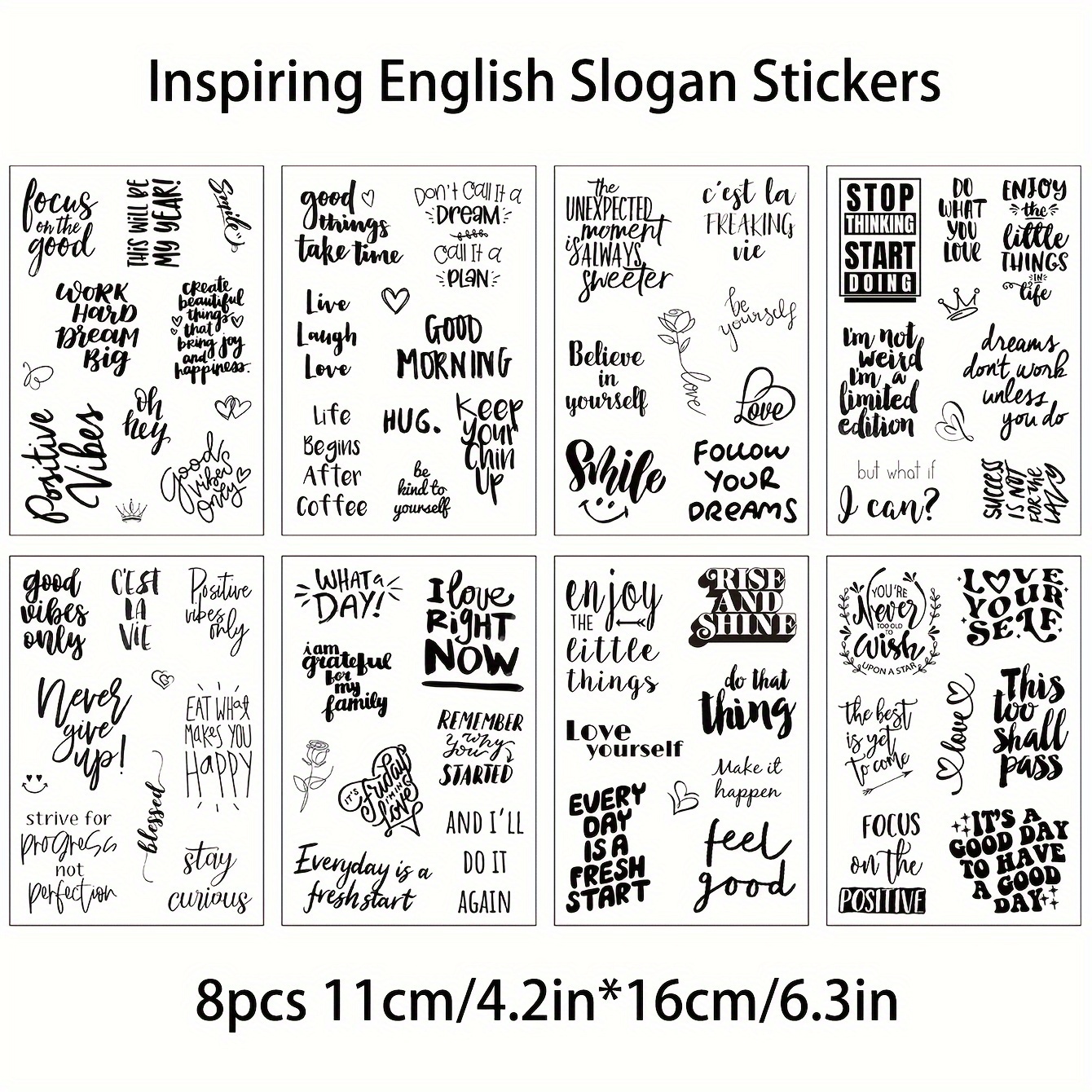 Image of 8pcs Gutbd Inspirational English Slogan Stickers - Pvc, Handwritten Motivational Phrases For Scrapbooking & Journaling, Aesthetic Diy Decoration With Artistic Designs, Stickers