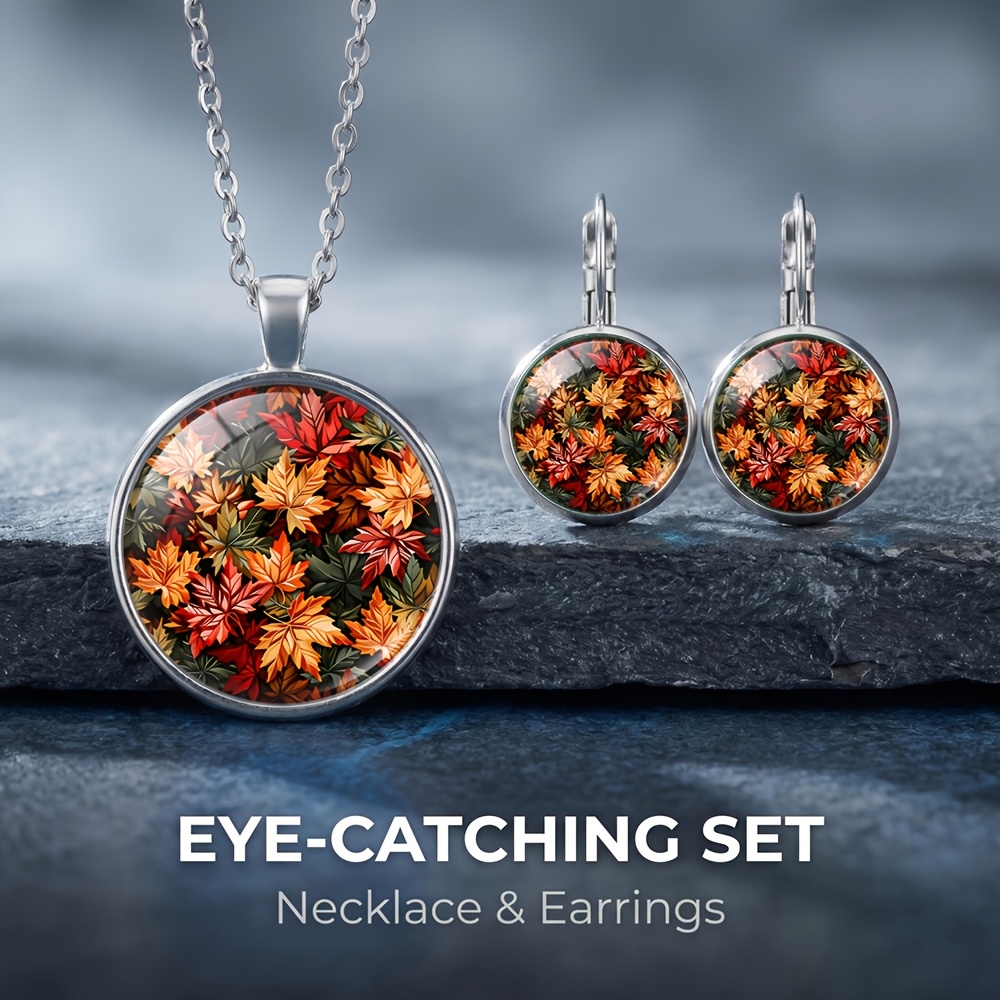 TEMU Ensemble collier et boucles d'oreilles 3 pièces feuille d'érable couleurs d'automne, adapté pour un port , un