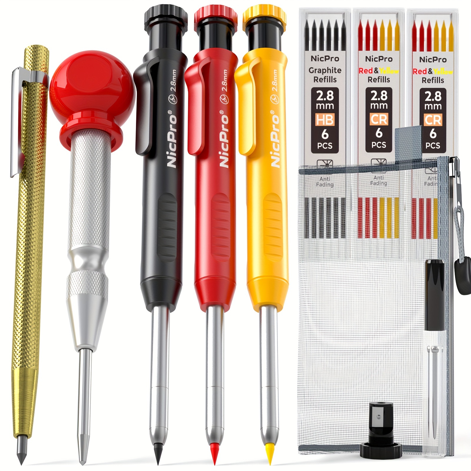 TEMU 10 Pack Carpenter Pencils Mechanical, Construction Pencils With 21 Refill, Automatic Center Punch And Carbide Scribe Tool, Mechanical Pencil For