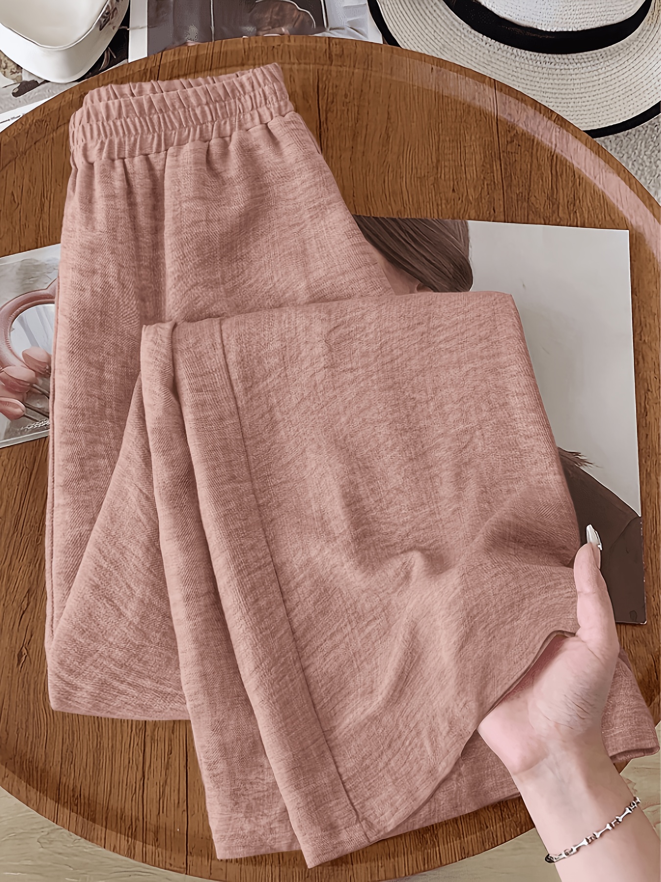womens chic elegant solid wide leg ankle pants casual machine washable    