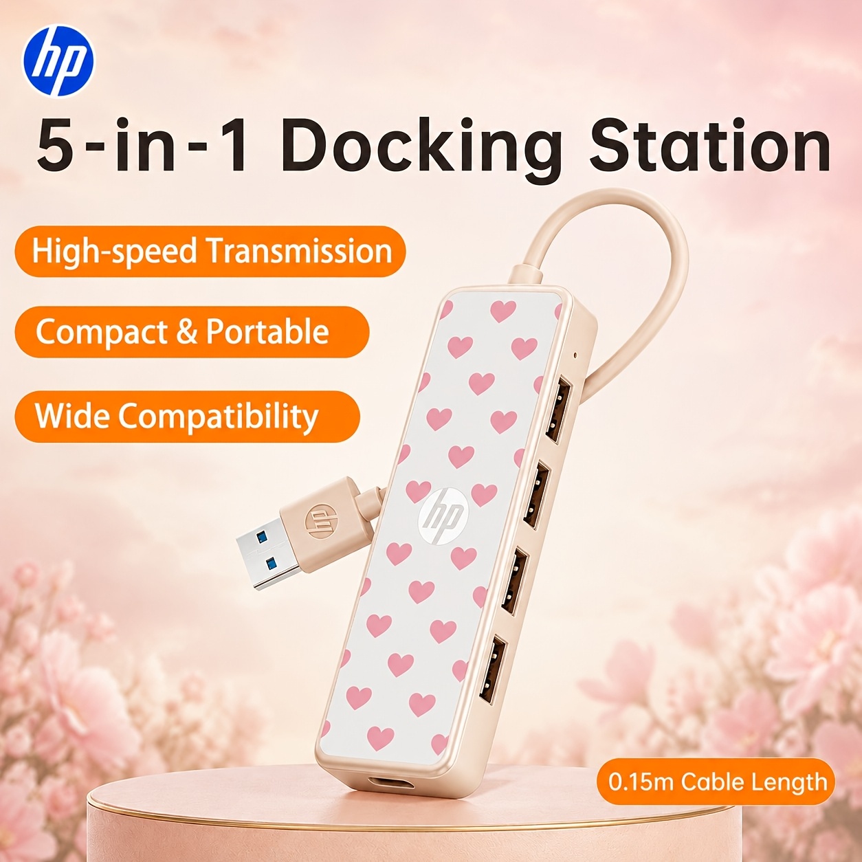 TEMU Usb Docking Station, Tea Color Heart Pattern Usb Expansion Dock With 4 Usb 2.0 Ports & Usb-c Power Port, Plug And Play Multiport Adapter For
