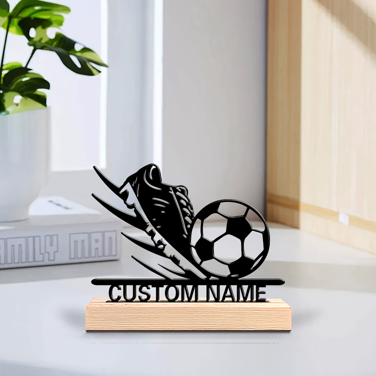 TEMU A Customizable Metal Football Art Desk Sign With A Wooden Base - Personalized Name, Featuring A Football Player And Ball Design, Perfect For