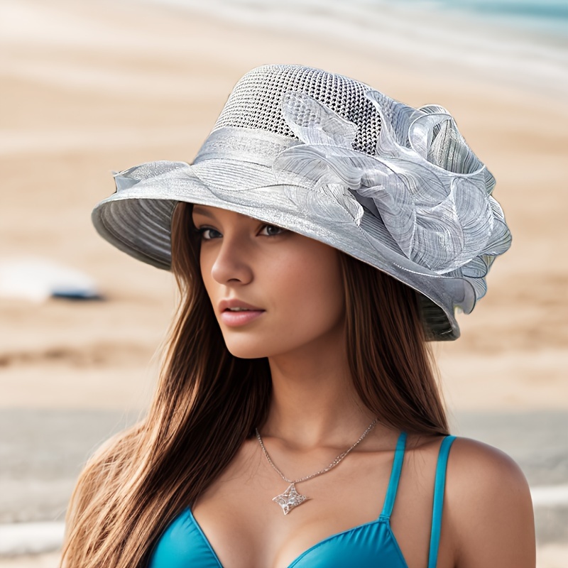 Elegant Mesh Flower Sun Hat Solid Color Wide Brim Bucket Hat - Temu