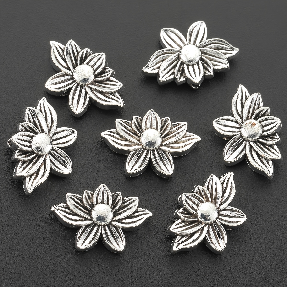 TEMU Lot de 15 perles d'espacement Lotus, perles d'espacement amples en alliage vintage à fleur multi-pétales avec boucle arrière percée, perles à