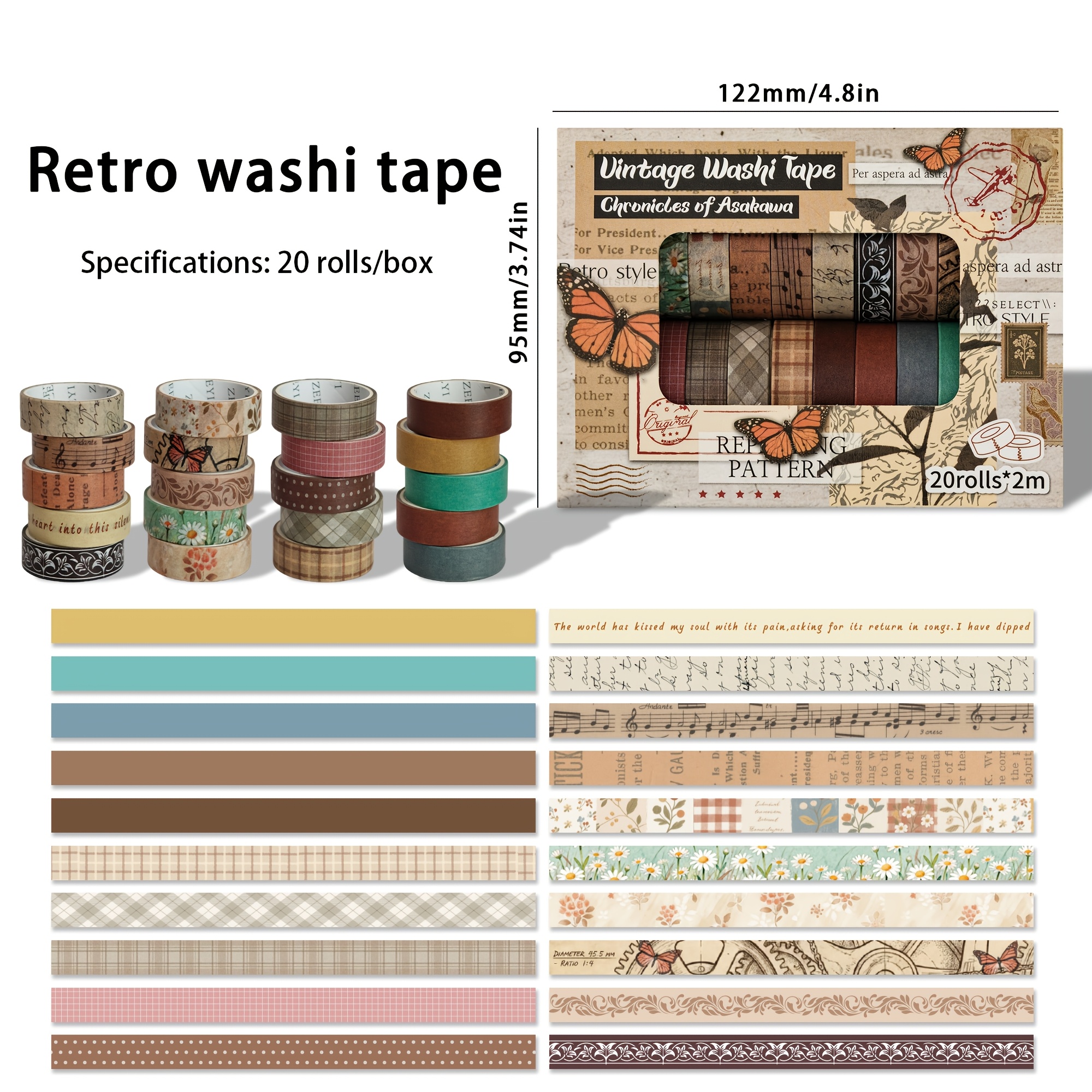 TEMU 20 Rolls Vintage Washi Tape, Scrapbook Decoration Material Stickers, Adhesive Tearable Tape, Handmade Album Envelope Collage Lace Material