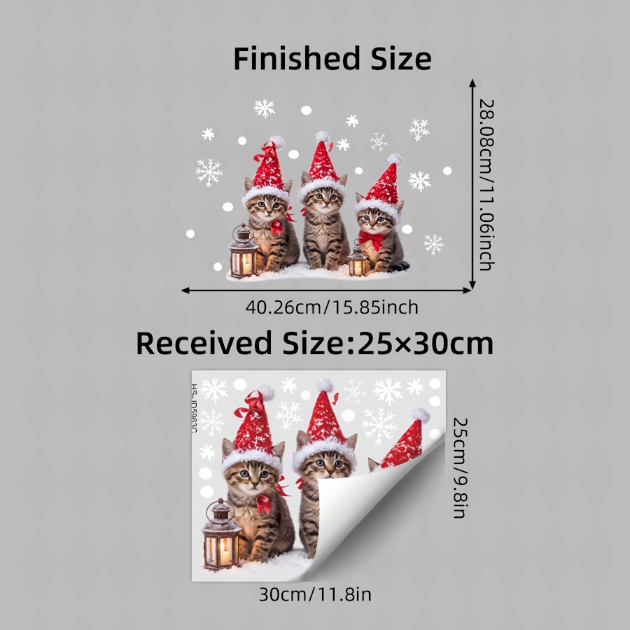 Image of 1pc Cute Santa Hat Kitten Glass Sticker, Static Cling Window Sticker, Double-sided Reusable Decal With Snowflake Lantern, For Home, Pet Shop, Cafe, Indoor Xmas Window Decorations