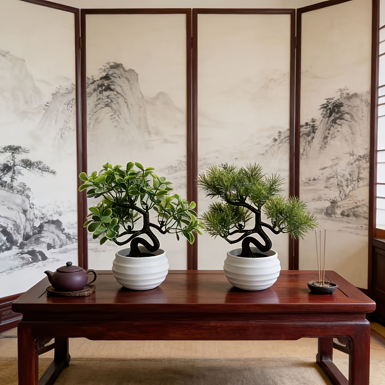 2 Bonsáis Artificiales en Macetas de Plástico Blanco - Decoración Perfecta para Hogar/Oficina/Jardín/Estante, Ideal para Todas las Ocasiones, No Requiere Electricidad