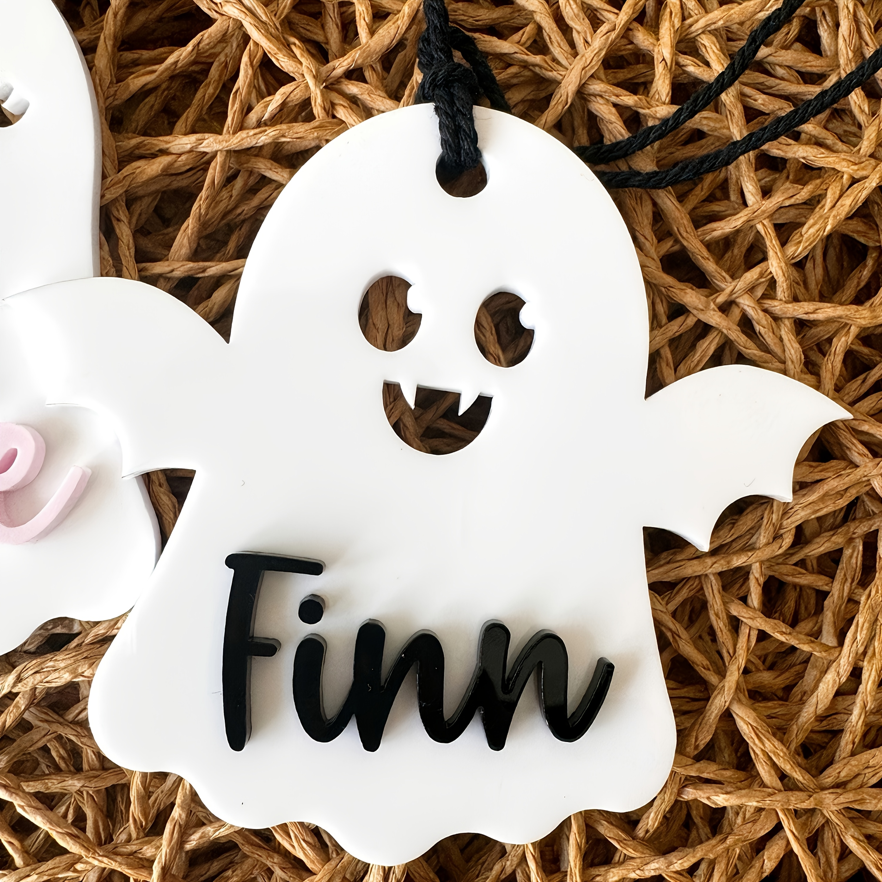 TEMU Premium Halloween Ghost Custom Name Acrylic Ornament, 3d Double Layer Personalized Letter Pendant With Bow, Holiday Gift Bag Hanging Decor