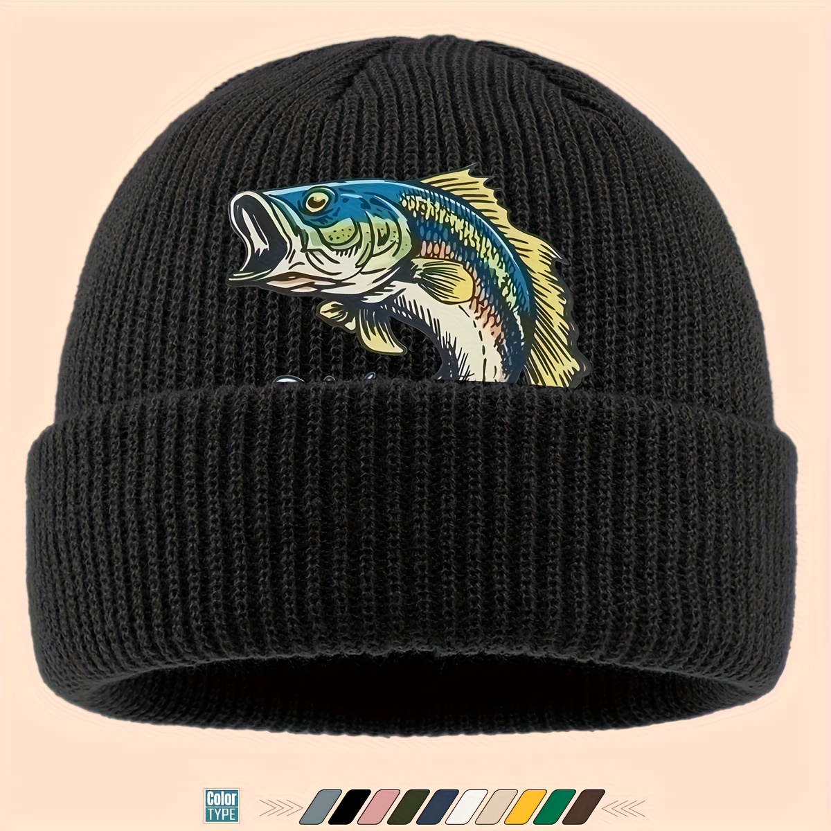 TEMU 1pc Warm Beanie Hat With Fish Print, Brimless Hat For Men And Women, Loose And Comfortable Skull For Ladies, Cold Weather Protection Hat For