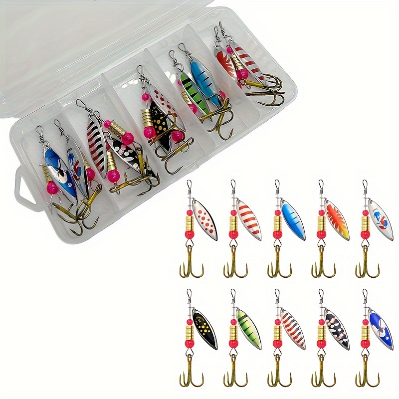 10pcs/set Fishing Spinner Lure For Bass Trout Salmon, Hard Metal Baits Kit  With Tackle Box