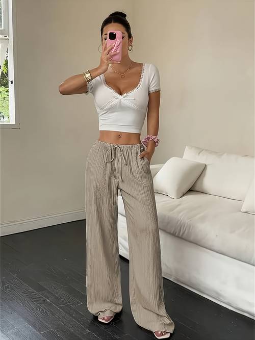 womens elegant tie waist wide leg pants solid color machine washable trousers for spring summer and autumn versatile and with pockets for casual and formal wear