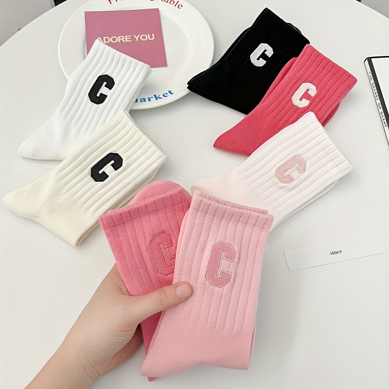 

7pcs Pink 'c' Letter Crew Socks For Teens - Cozy & Stylish, All