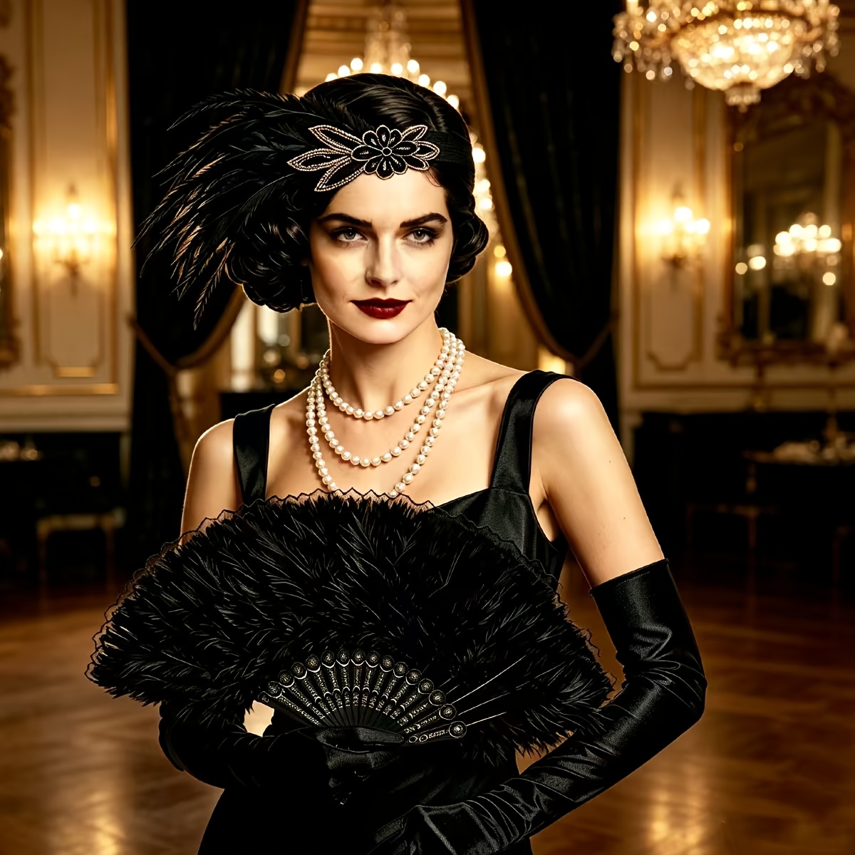 4pcs 1920s Vintage Party Accessories Set with Feather Headband and Fan