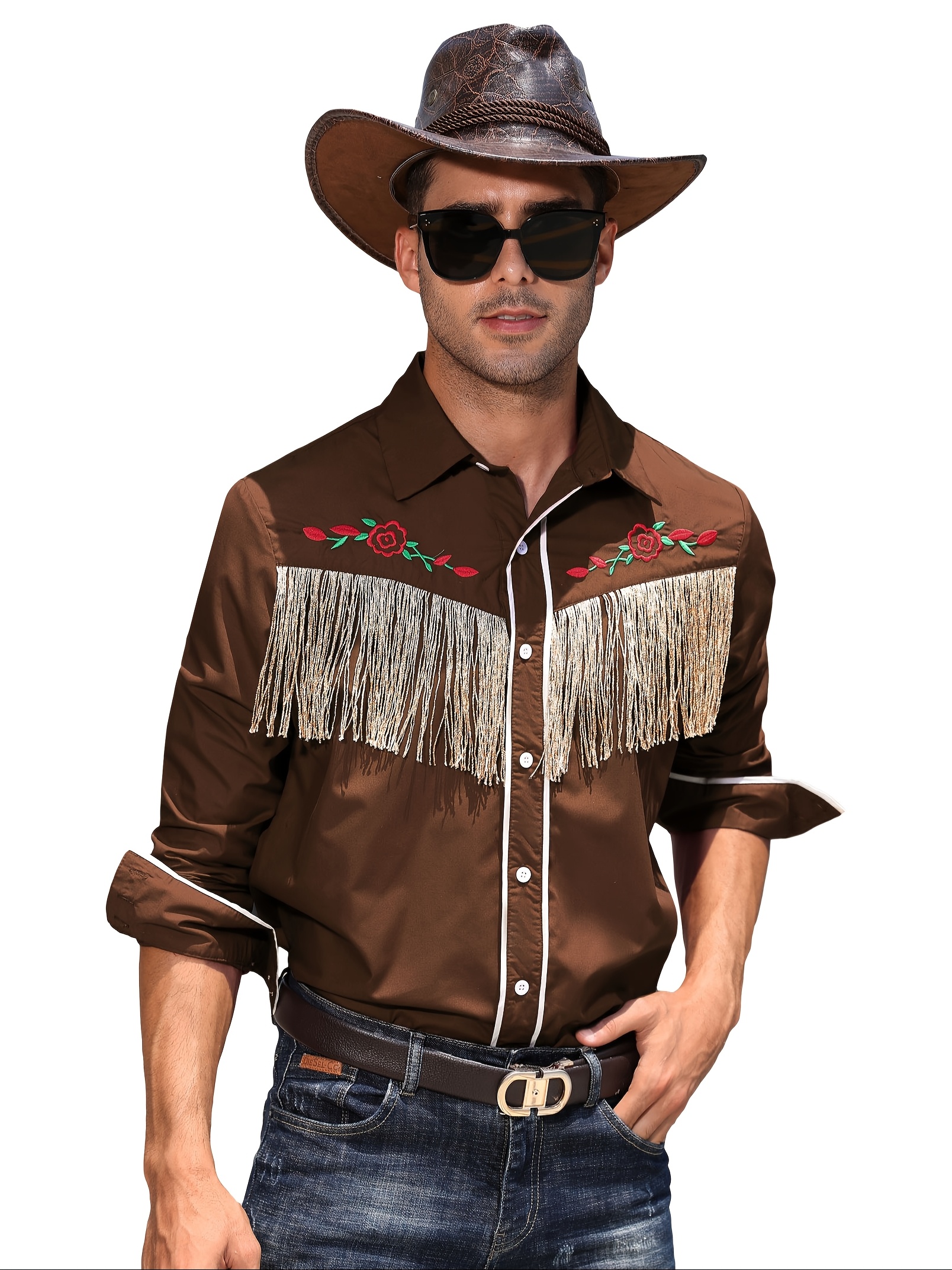 Camisa Vaquera para Hombre de Corte Larga con Cuello y Puños  Adornados con Estilo Chaqueta Rayón Ideal para