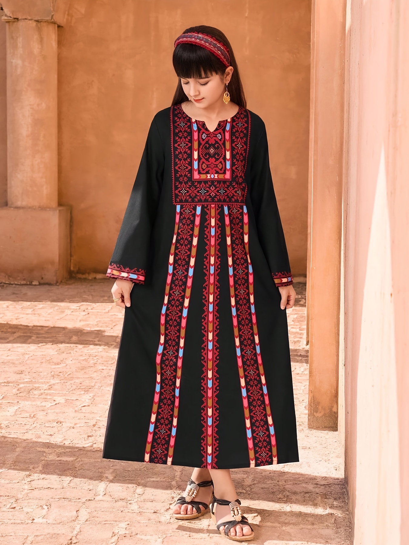 bell sleeve long dress crew neck retro - Temu Qatar