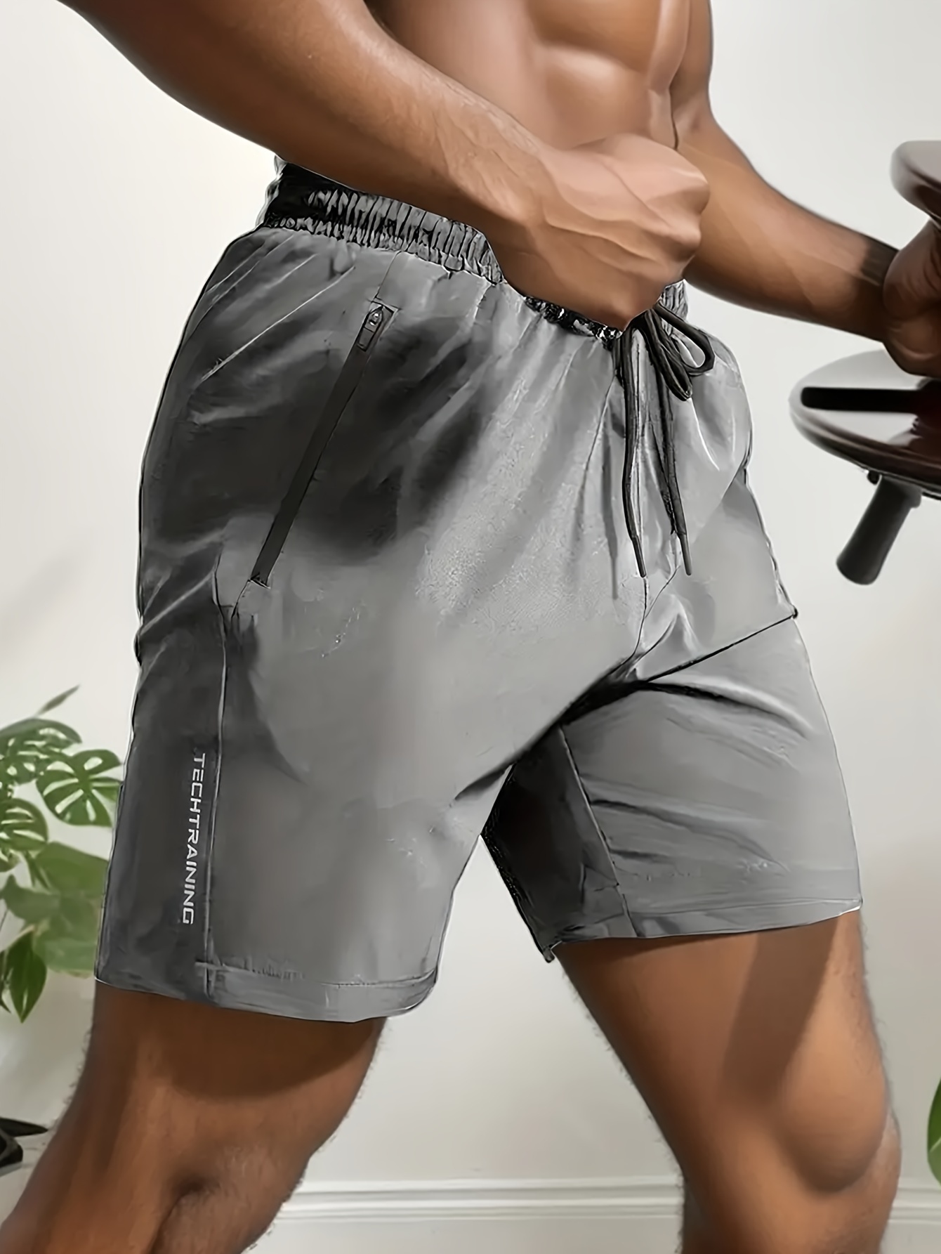 Men's Sleek Athletic Shorts - Lightweight, Quick-Dry Polyester with Zipper Pockets, Elastic Waistband & Drawstring | Casual Sportswear, Machine Washable