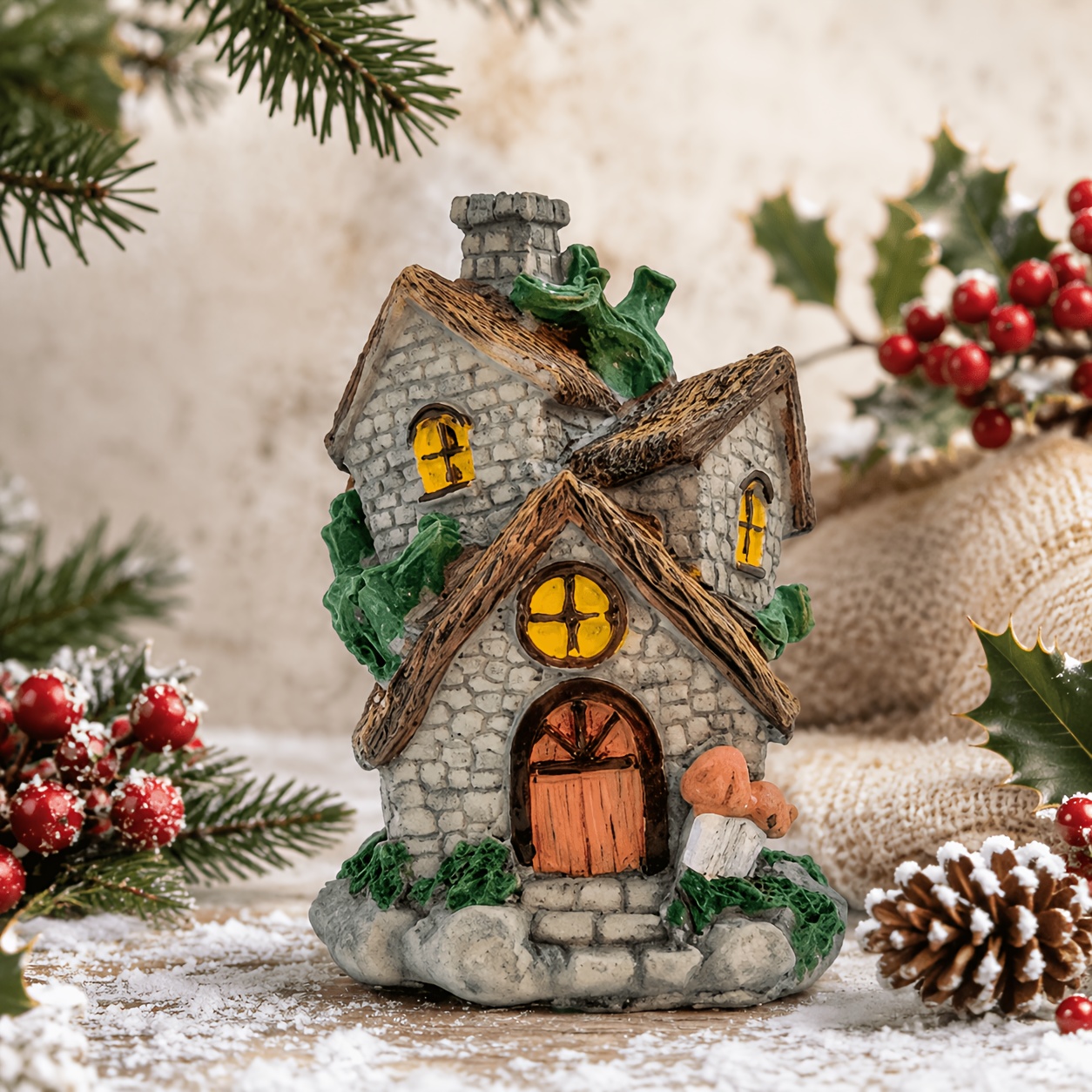 TEMU 1 Vintage Huis Ornament, met Imitatie Stenen Muren en een Gedekt Dak, Combinatie met Bos Elementen Zoals Klimplanten en paddenstoelen, Creëert